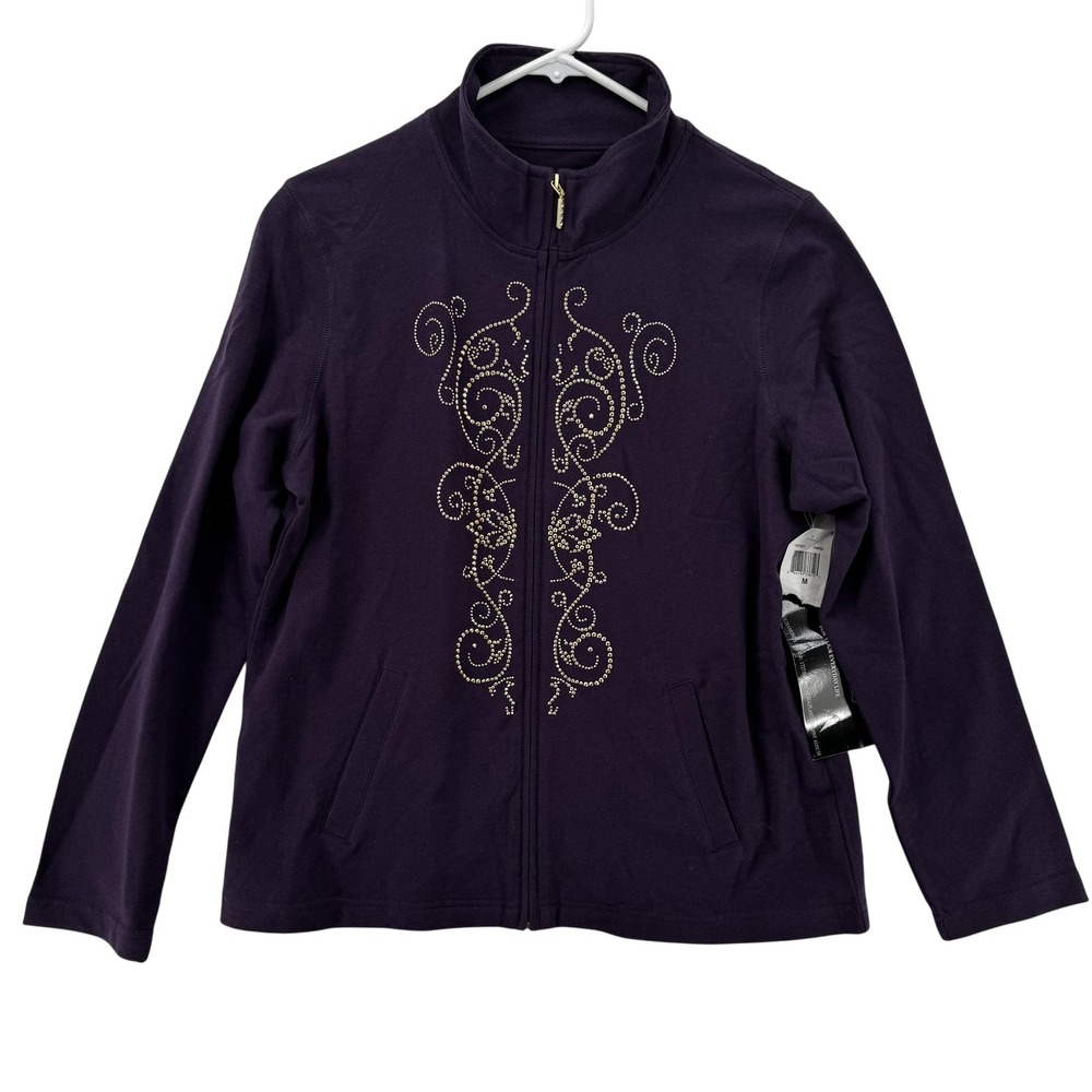 Onque Casuals Jacket Womens Medium Purple Zip Front Embellished Swirl Design New